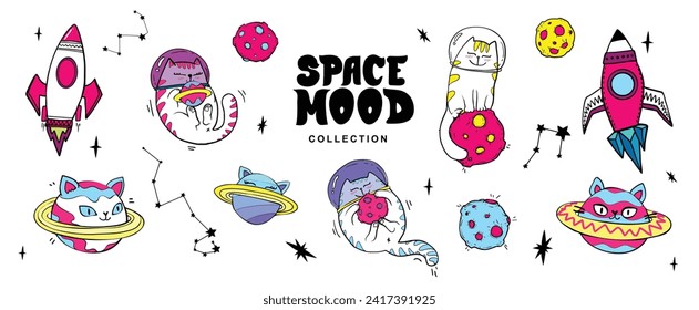 Set of cartoon kids space and galaxy, cat astronauts, kitten planets and rockets. Cheerful childish ornament. alien cats character flying in weightlessness, fantastic galaxy planets, future spaceships