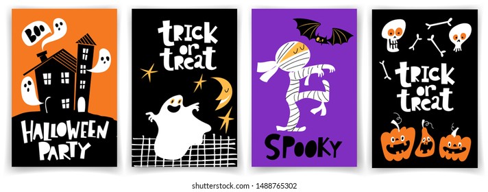 Set of cartoon kids style Halloween posters or cards with cute characters and symbols in bright colors. Funny halloween designs. Kids room decoration. 