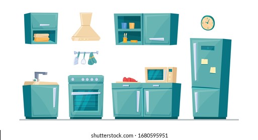 Set of cartoon kitchen furniture vector illustration isolated on white background. Home interior concept. Refrigerator, stove, shelves, sink, table, range hood, microwave, kitchen utensils, cupboards.