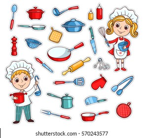 Set of cartoon kitchen ware and two cute cook. Vector children illustration. Isolated on white.