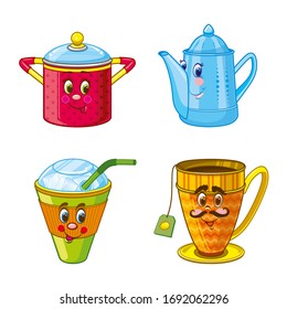 Conjunto de utensilios de cocina para dibujos animados: tetera, taza, sartén