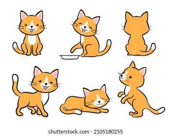 Set of cartoon kitten with various expressions. Sitting, begging, walking, sleeping cat with happy face. vector collection