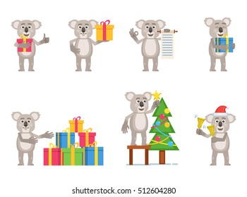 Set of cartoon koala characters posing in different situations. Cheerful koala holding gift box, present, scroll, jingle bells, decorating Christmas tree. Flat vector illustration