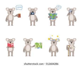 Set of cartoon koala characters posing in different situations. Cheerful koala holding mug of beer, map, photo camera, magnifier, reading a book, injured, feeling dizzy. Flat vector illustration