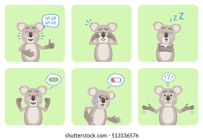 Set of cartoon koala characters posing in different situations. Cheerful koala laughing, crying, sleeping, full of energy, tired, thinking. Flat vector illustration