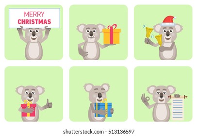 Set of cartoon koala characters posing in different situations. Cheerful koala holding Christmas banner, gift box, present, jingle bells, scroll. Flat vector illustration