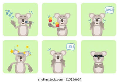 Set of cartoon koala characters posing in different situations. Cheerful koala karaoke singing, dancing, surprised, laughing, serious, feeling dizzy. Flat vector illustration