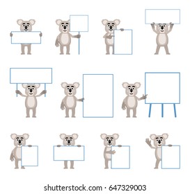 Set of cartoon koala characters posing with diverse blank banners. Funny koala holding paper, placard, pointing to whiteboard. Simple vector illustration