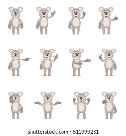 Set of cartoon koala characters showing different hand gestures. Cheerful koala showing thumb up gesture, pointing up, greeting, waving and other hand gestures. Flat vector illustration
