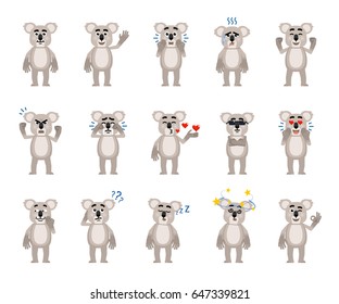 Set of cartoon koala characters showing diverse emotions. Funny koala laughing, crying, angry, surprised, dazed, in love and showing other emotions. Simple vector illustration