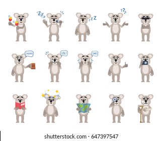 Set of cartoon koala characters showing diverse actions, emotions. Funny koala celebrating, sleeping, laughing, surprised, holding map, book and doing other actions. Simple vector illustration