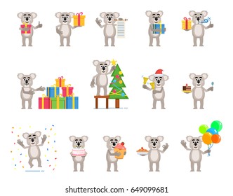 Set of cartoon koala characters showing diverse actions, emotions. Funny koala holding birthday cake, gift box, balloons, decorating Christmas tree and doing other actions. Simple vector illustration
