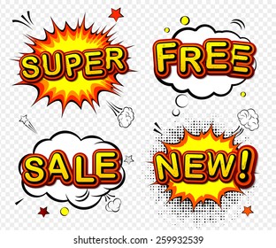 Set of cartoon labels. Comic speech bubble background Pop art style. Vector mock-up of  badges: super, free, sale, new.