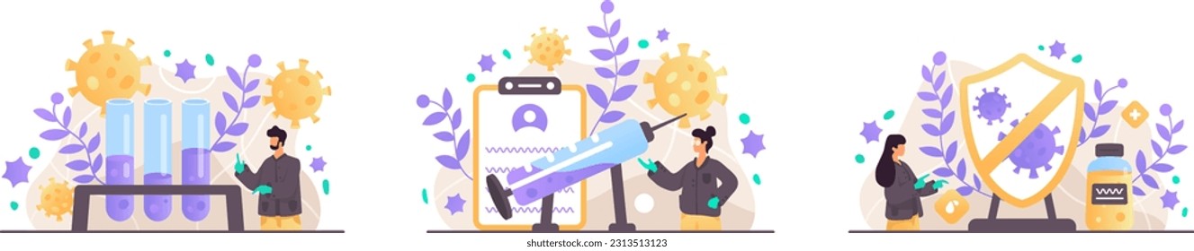 Set of cartoon laboratory workers and create vaccine. Man working near test tubes. Drug testing and manufacturing concept. Flat vector illustration in purple and yellow colors