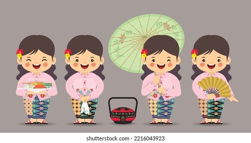 Set of cartoon lady wearing peranakan kebaya with Nyonya pastry, bakul siah, oil paper umbrella and hand fan. Baba-nyonya culture flat design.