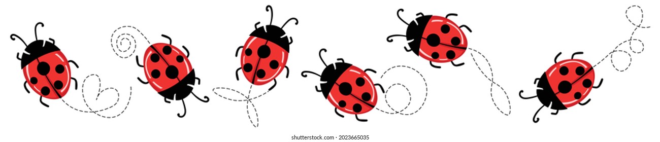 Set of cartoon ladybird mascot. A small ladybags flying on a dotted route. Vector characters. Incest icon. Template design for invitation, cards. Doodle style.