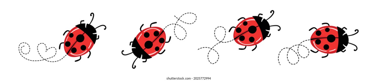 Set of cartoon ladybird mascot. A small ladybugs flying on a dotted route. Vector characters. Incest icon. Template design for invitation, cards. Doodle style.