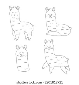 Set Of Cartoon Lama Character Outline. Vector Illustration