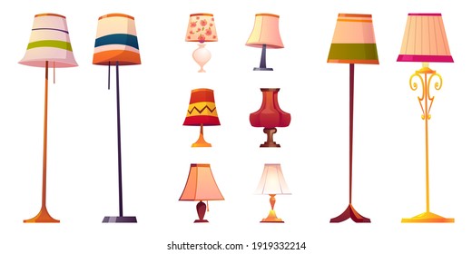 Set of cartoon lamps, floor and table torcheres with different lampshades on long and short stands. Design element for home illumination and decor isolated on white background, vector illustration