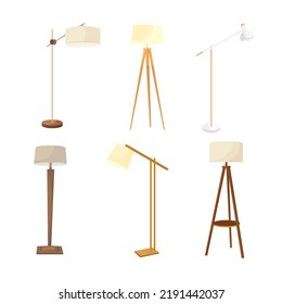 Set of cartoon lamps, floor and table torcheres with different lampshades on long and short stands.