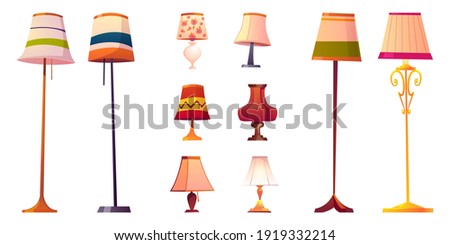 Set of cartoon lamps, floor and table torcheres with different lampshades on long and short stands. Design element for home illumination and decor isolated on white background, vector illustration