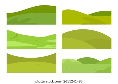 set of cartoon landscape green hills. A panoramic landscape featuring a green valley 
