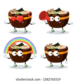 set of cartoon large cup of ramen noodles character mascot on white background