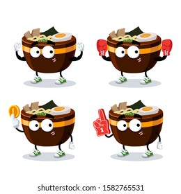 set of cartoon large cup of ramen noodles character mascot on white background