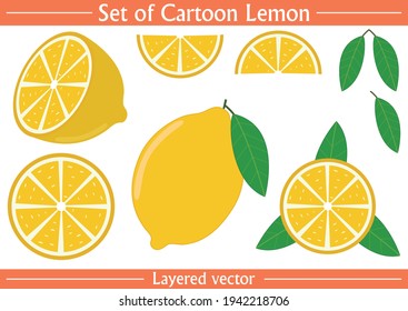 Set of cartoon lemon vector on isolated white background. Hand drawn whole, half, slices lemons, and leaves. A design that evokes freshness. Well organized Eps 10 file.
