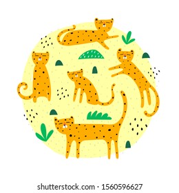 Set with cartoon leopards in different poses. Colorful flat vector illustration. Hand drawing for children. animal theme. wild life. design for print, posters