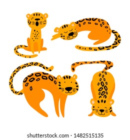 Set of cartoon leopards isolated on white background. Collection of cute animals. Flat vector illustration.