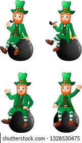 Set of Cartoon leprechaun sitting on the pot in different poses