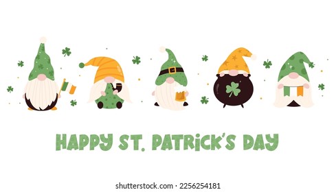 Set of cartoon leprechauns, gnomes in hats, with traditional holiday symbols. Funny Irish characters on white background. Greeting banner for St Patrick's Day 