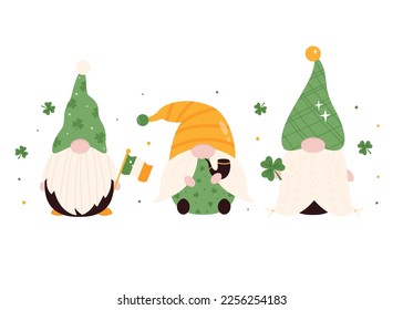 Set of cartoon leprechauns, gnomes in hats, with traditional holiday symbols. Funny Irish characters on white background. Greeting banner for St Patrick's Day 