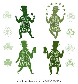 Set of cartoon leprechauns silhouette dancing and  holding beer. Including doodle shamrocks and lettering. Patrick's Day illustration with greeting.