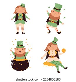 Set of cartoon leprechauns in traditional costumes and top hats. St Patricks day card. Funny Irish characters isolated on white background