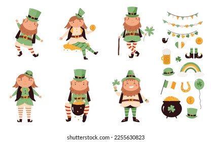 Set von Karikaturen in traditionellen Kostümen und Feiertagssymbolen. St Patricks Tageselemente. Funny Irish Zeichen einzeln auf weißem Hintergrund