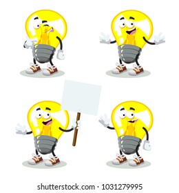 set of cartoon light bulb mascot on white background