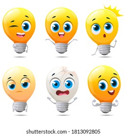 Set of cartoon light bulbs characters. Light bulb idea with creative drawing set of different emotions, faces and with different actions on white background. Vector illustration