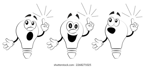 Set of cartoon light bulbs with hands.
