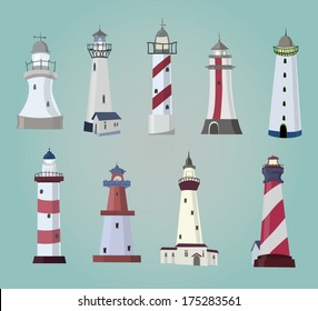 set of cartoon lighthouses. Flat icons. 