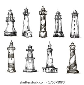 set of cartoon lighthouses. icons. pencil drawing style. 