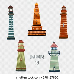 set of cartoon lighthouses. Retro icons in flat style.