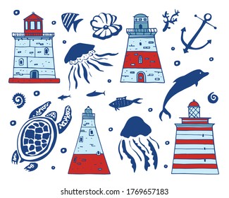 Set of cartoon lighthouses and sea animals. Hand drawn sketch vector colorful illustration. Isolated on white background