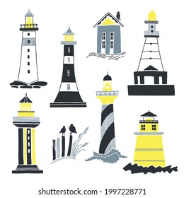 Set of cartoon lighthouses, seagulls and sea house. Hand drawn illustration of sea beacons, isolated on white background. Vector illustration