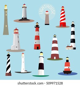 Set of cartoon lighthouses. Searchlight towers for maritime navigation guidance. Ocean beacon light vector tower lighthouse. Vector illustration.