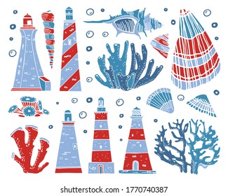 Set of cartoon lighthouses, seashells and corals. Hand drawn sketch vector colorful illustration. Isolated on white background