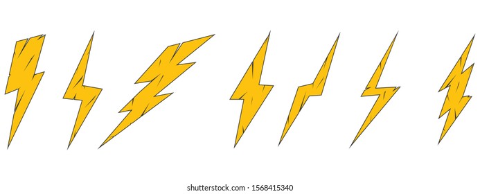 Set of cartoon lightning bolts.  Lightning strike, thunderbolt. Flat style, comics style. Lightning torus. Web design. Vector illustration.