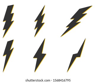 Set Of Cartoon Lightning Bolts.  Lightning Strike, Thunderbolt. Flat Style, Comics Style. Web Design. Vector Illustration.