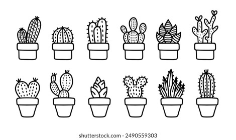 Set von Cartoon-Linie Kunst-Kritzel eines Pot of Cactus, Hand gezeichnet.